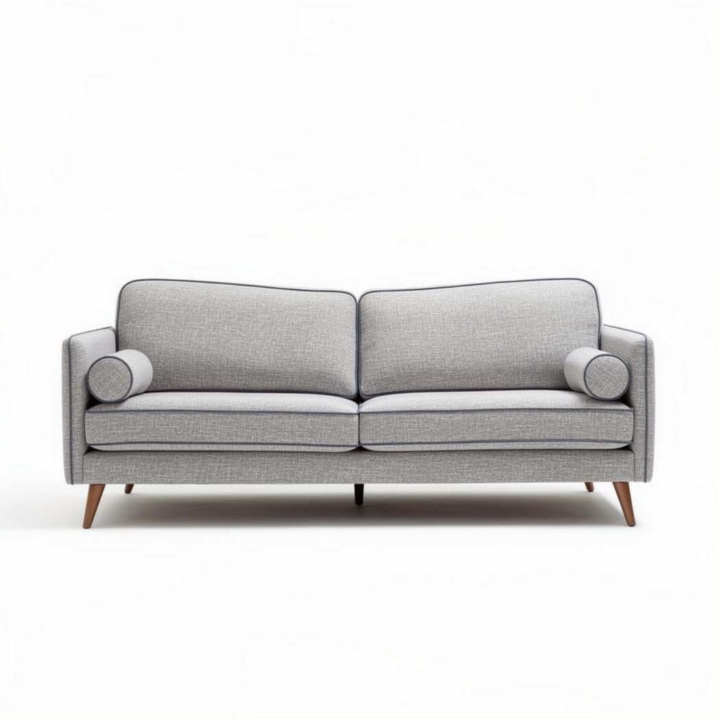 Canapé en tissu gris avec accoudoirs ronds dimensions 200 x 90 x 85 cm