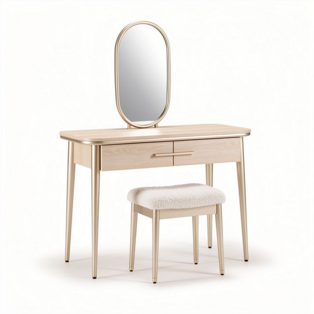 Coiffeuse en bois clair avec miroir ovale et pouf en tissu beige 90 x 40 x 80cm
