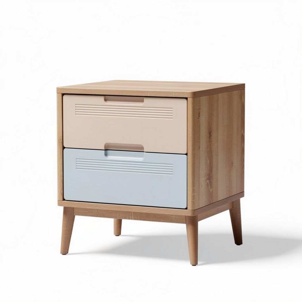 Table de nuit en bois avec 2 tiroirs beige et bleu dimensions 45 x 40 x 50 cm