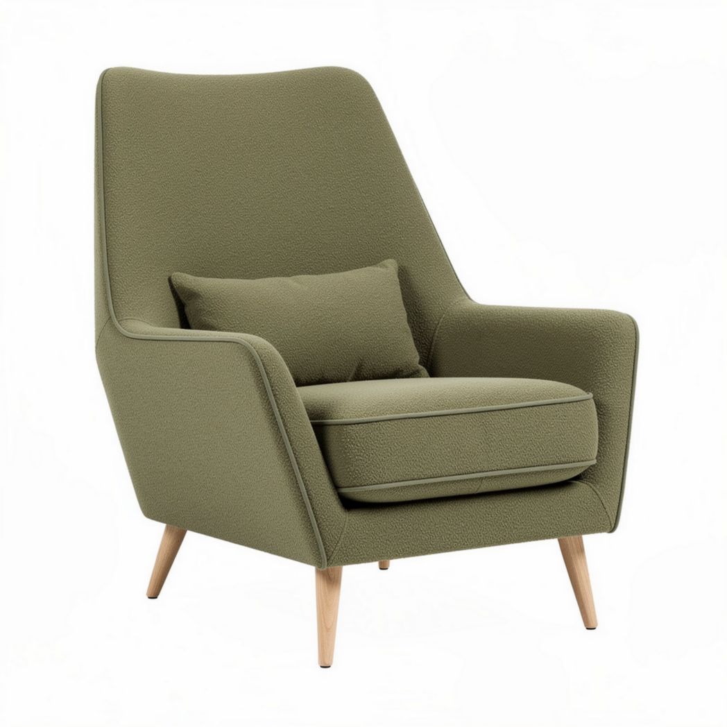 Fauteuil moderne en tissu vert mousse avec coussin et pieds en bois 85 x 80 x 100cm