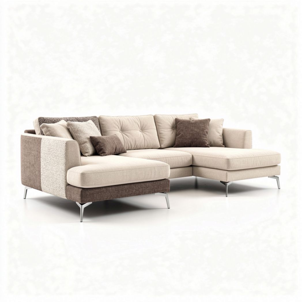 Canapé d'angle en tissu beige et marron avec coussins 220 x 150 x 85cm