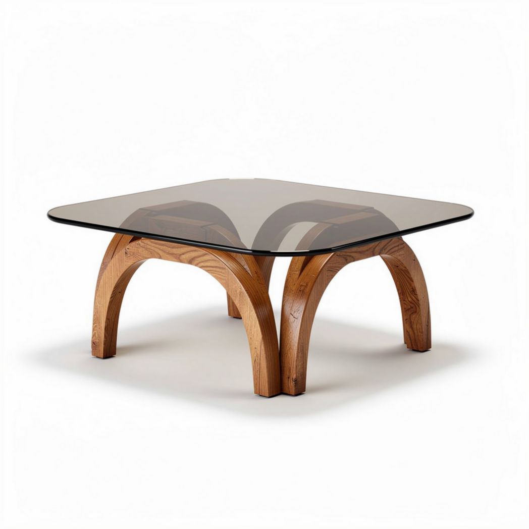 Table basse carrée en bois avec plateau en verre noir 90 x 90 x 40cm